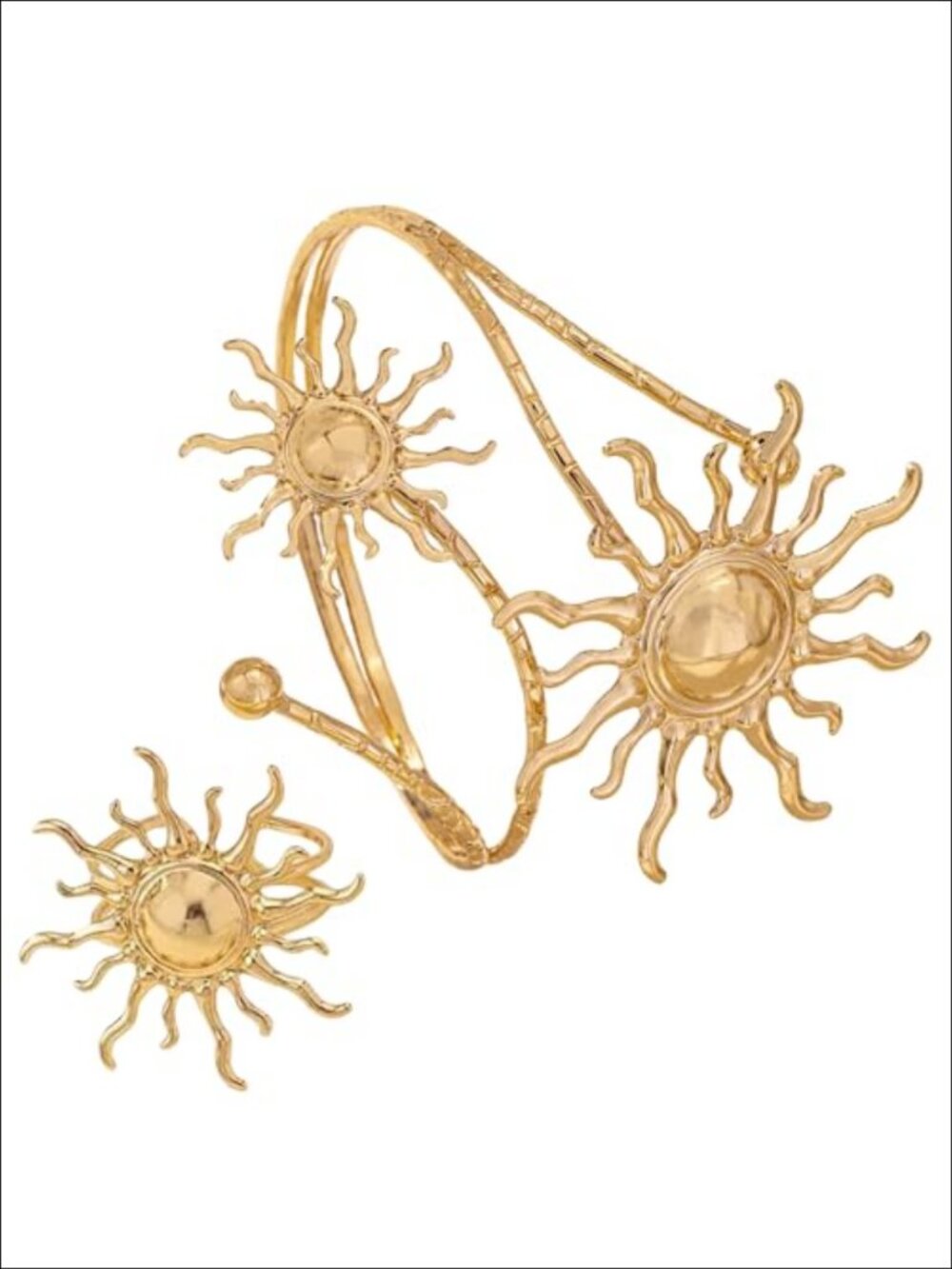 Gold Arm Cuff with Ring Set Rhinestone Sun Design Adjustable Alloy Bracelet